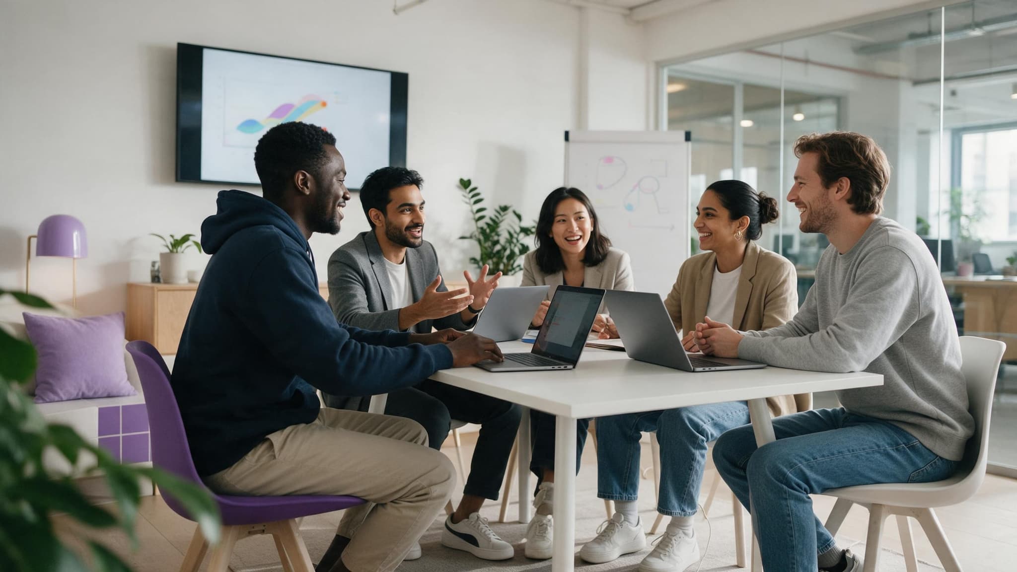 Ein Startup-Team bespricht sich an einem weißen Tisch in einem Meetingraum mit Glaswand; ein Gründer präsentiert, die anderen hören mit offenen Laptops zu.