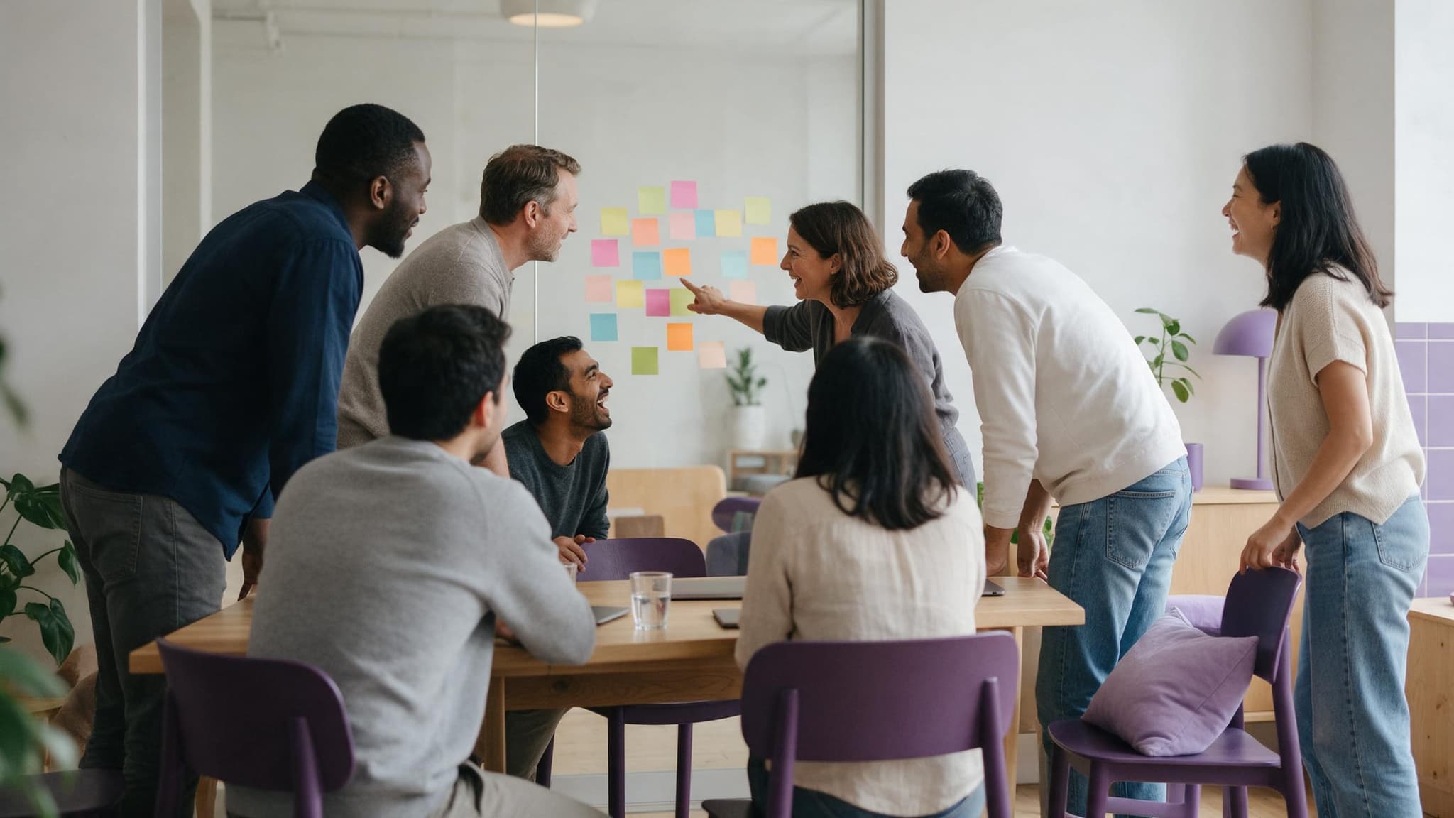 Ein Workshop in einem hellen Meetingraum: Eine Moderatorin zeigt auf bunte Haftnotizen an einer Glaswand, die Gruppe beugt sich interessiert vor.