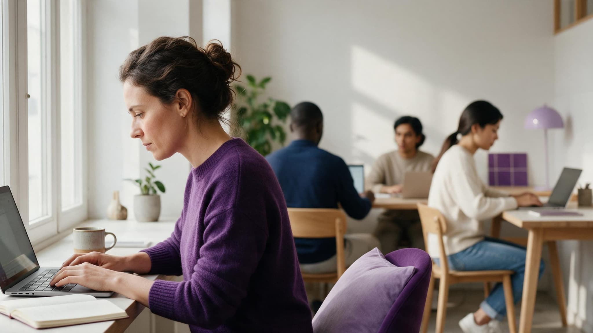 A woman works with focus on her laptop at a window desk in a quiet coworking space while other members work in the background.