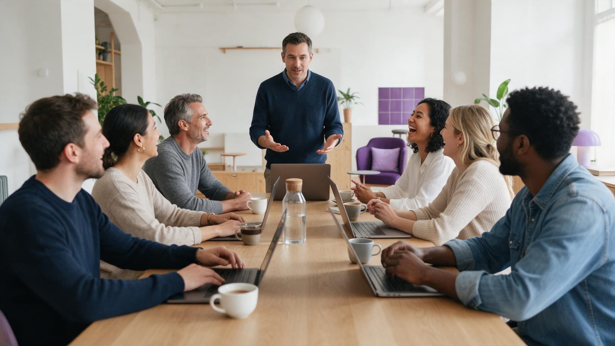 A distributed team meets for a team day around a long wooden table in a bright coworking space; one colleague stands and explains, the others listen and laugh.